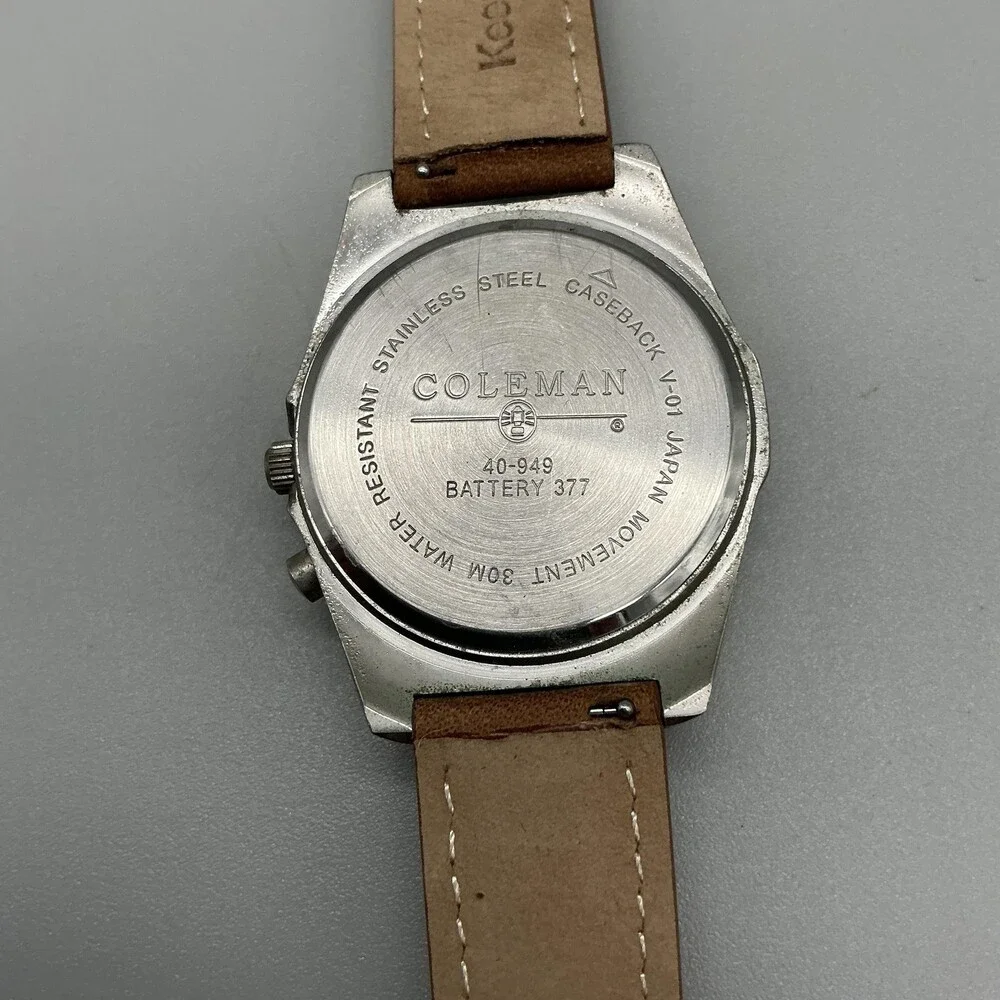 Coleman 40-949 Mens Watch 42mm White Dial Brown Leather Day Date New Battery